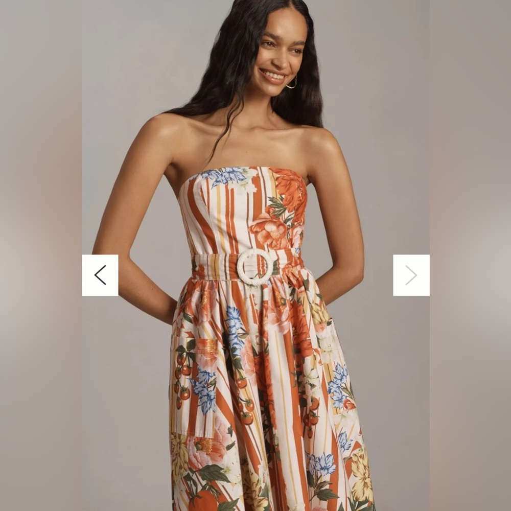 Anthropologie Strapless Floral Stripe Maxi Dress in Orange, Cream, Blue